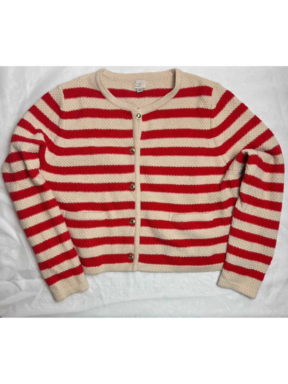 A New Day red and cream striped gold button crop cardigan
